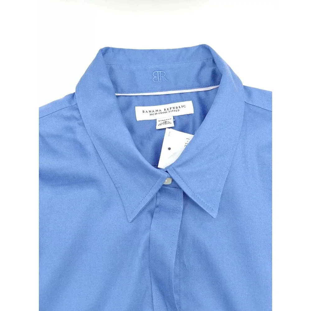 Banana Republic Mens 16x33 Blue Non Iron Fitted Stretch Dress Shirt Solid G407
